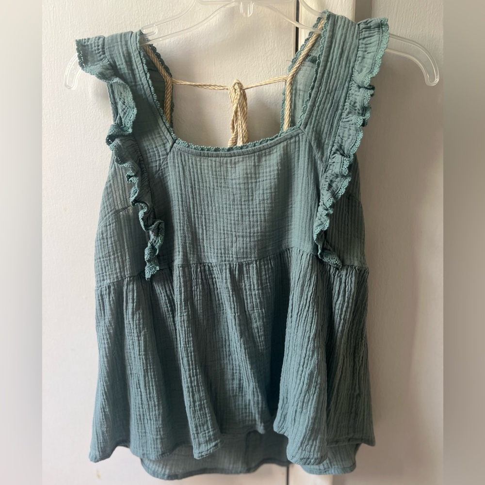 Hem & Thread Sage Green Ruffle Strap Cotton Gauze Tank
